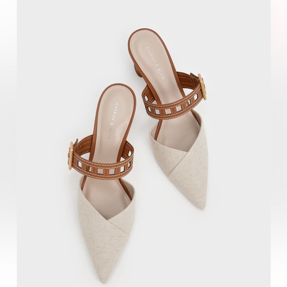 Charles & Keith Shoes - Charles & Keith Beige Pointed-Toe Slingback Heels with Brown Strap